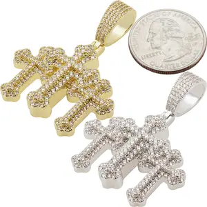 14k Yellow/White Gold Plated AAA Cubic Zirconia Triple Cross Pendant