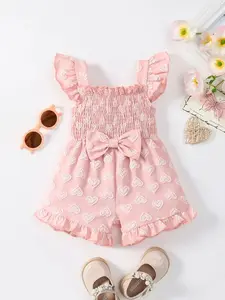 Cartoon Pattern Halter Romper for Girls, Baby Girl Clothes, Sweet and Cute, Ruffled Shoulder Straps, Back Bow, Elastic Waistband, Summer