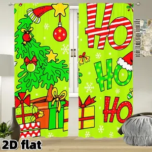 2D Flat 2Pcs Christmas Holiday Curtains HOHOHO Pattern Bright Green Background Rod Pocket Design Semi Sunshade Polyester Material Gift Tree Printed Window Treatment for Living Room Bedroom Kitchen Party Decoration Home Decoration Curtain