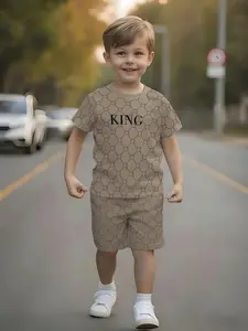 Boys' Full Print Bear Letter Set, Luxurious Short Sleeve Shorts Two-Piece Set, Casual Loose-Fitting Cartoon Style, Husky Boy Clothes