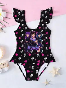 K-POP Cartoon Kids Girls One-Piece Swimsuit, Skull Heart All-Over Print Ruffle Beach Swimwear, Best Gift for Birthday & Back to School