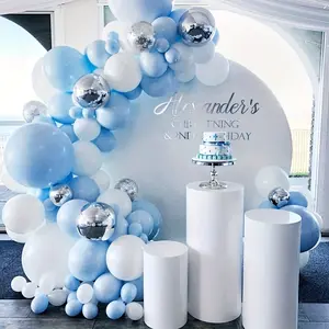 Blue White Silver Balloon Garland Arch Kit for Baby Boy Birthday Party, Metallic Chrome Balloons with Macaron Blue & White Latex Balloons, Balloon Decorations for Baby Shower, Christening, Wedding, Graduation Party Decor