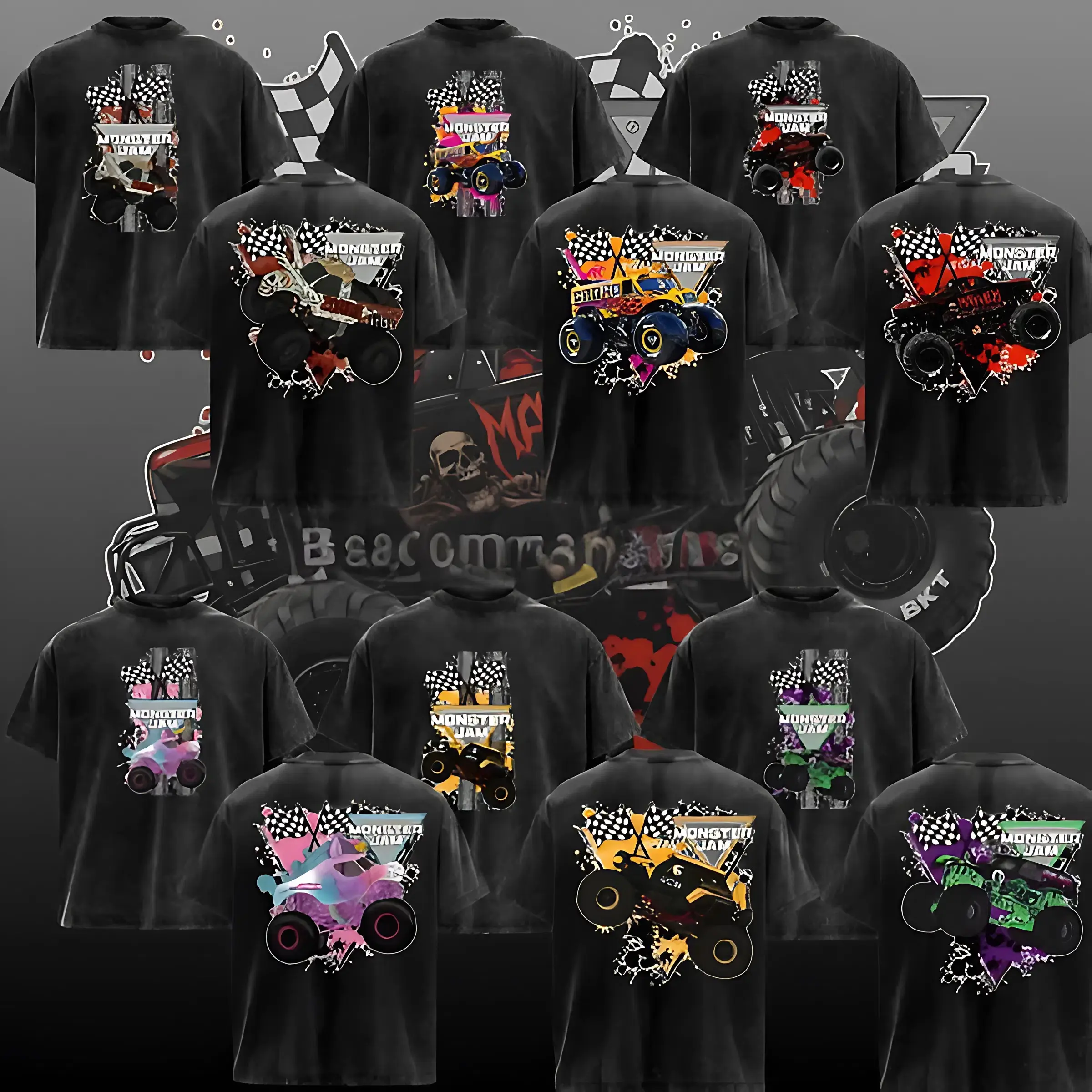 Monster Jam Collection Vintage Washed Black Graphic T-Shirt Monster Truck Racing Tee Off Road Truck Graphic Shirt Motorsports Fan Streetwear Oversized Unisex Retro Racing Tee Gift for Truck Lovers