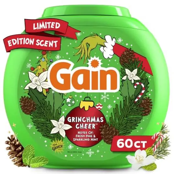 Gain Flings Liquid Laundry Detergent Pods, Odor Defense + Color Guard, Grinchmas Cheer Scent, 4-In-1 Liquid Laundry Detergent Pacs, Clean & Fresh, 60 Count