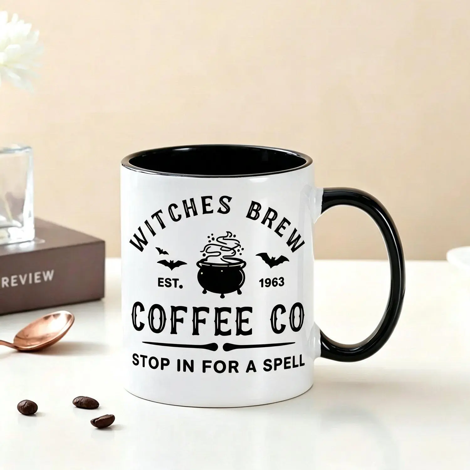 Witches Brew Coffee Co Mug Vintage Cauldron Bat Ceramic Cup with Rim Suitable for Coffee Gift for Coffee Lovers Coworkers Witches Brew Themed