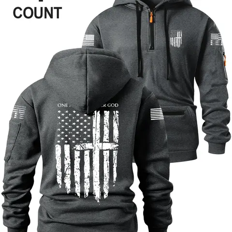 Men's Half-Zip Long Sleeve Athletic Hoodie Sweatshirts with Trendy Pocket Zip Design, Flag Pattern Print, Multiple Colors Available, Loose Fit, Casual Streetwear, Casual Warm Sweatshirt
