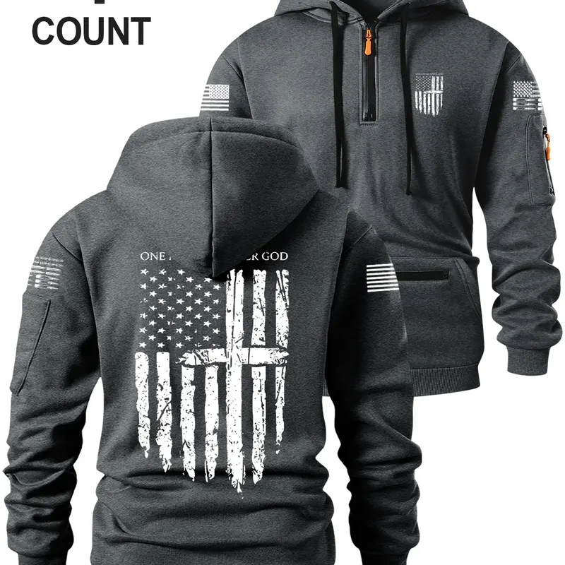 Men's Half-Zip Long Sleeve Athletic Hoodie Sweatshirts with Trendy Pocket Zip Design, Flag Pattern Print, Multiple Colors Available, Loose Fit, Casual Streetwear, Casual Warm Sweatshirt