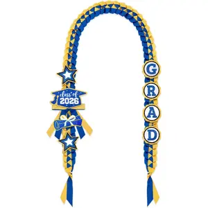 Class of 2026 Graduation Leis with Glitter Pins Handmade Double Braided Ribbon Garland Money Holder Bowknot for Him Her Party Ceremony Congrats Grad Gift Idea (Royal Blue & Gold)