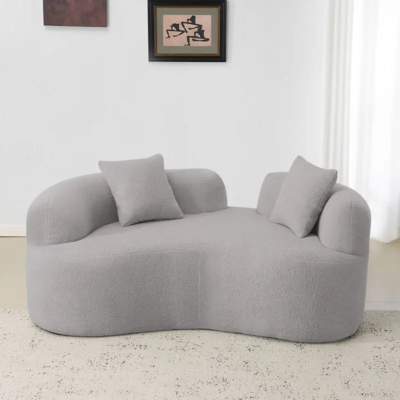 67” Curved Loveseat Sofa, Modern Luxury Teddy Fleece Upholstered Soft Couch with 2 Throw Pillows, Deep Seat Cloud Floor Living Room Furniture, No Assembly Needed, Small Space-Friendly Modern Sofas Couches, Grey