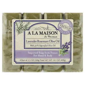A La Maison de Provence Hand & Body Bar Soap, Lavender Rosemary Olive Oil, 4 Bars, 3.5 oz (100 g) Each