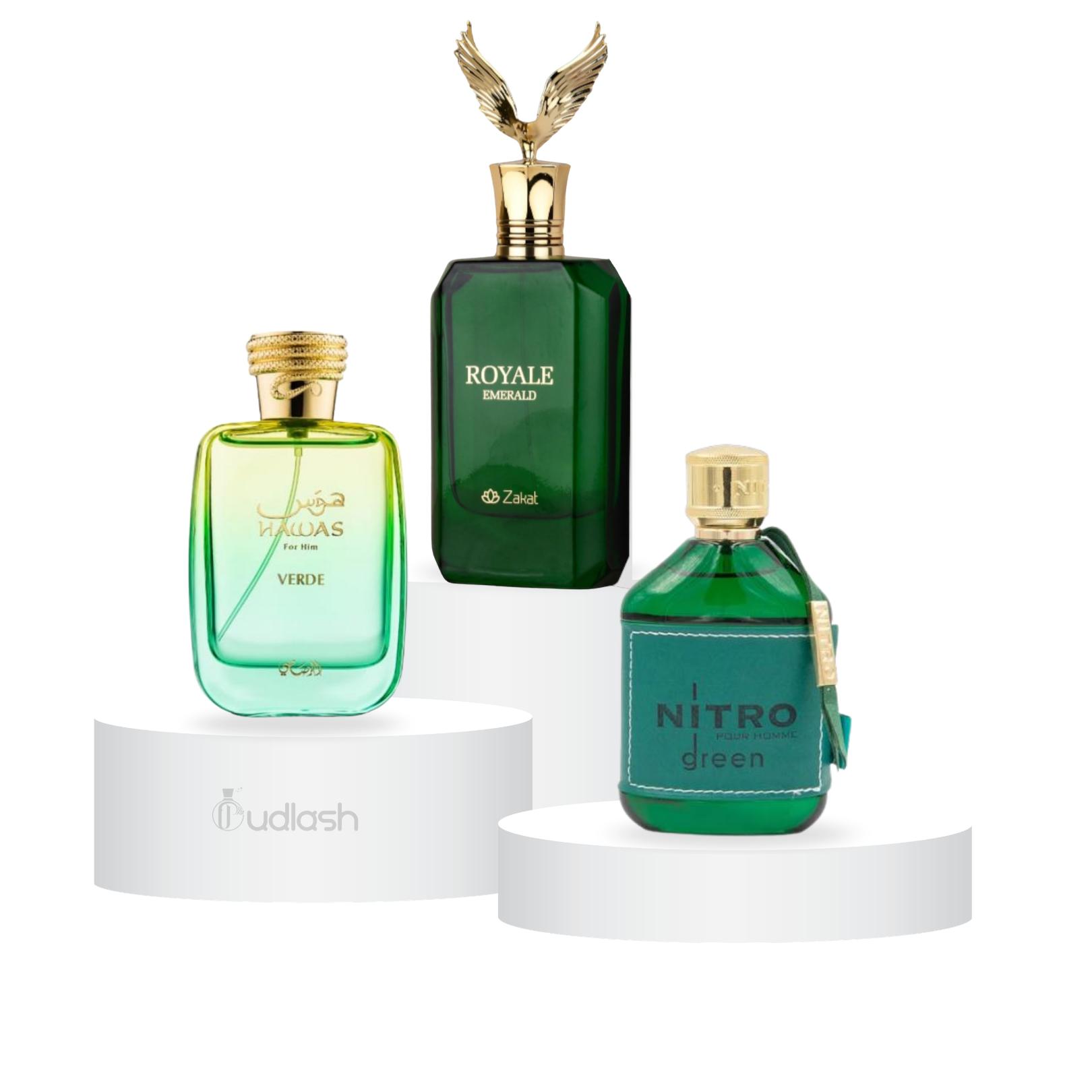 Habibi Bundle | Zakat Royale Emerald + Hawas Verde + Nitro Green | Unisex Fragrance | 100 ML | Eau De Parfum | Vanilla, Saffron and Jasmine