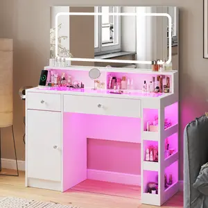 CollaredEagle Vanity Desk Makeup Station Vanity Set Chair White LED Lighted Makeup Vanity Table Rotating Mirror Vanity with Storage Modern Glass Top Vanity Power Outlet Adjustable Brightness