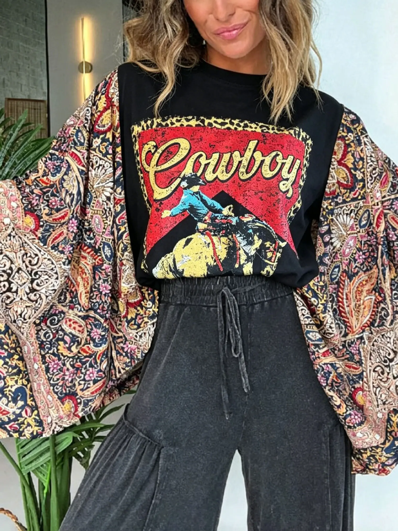 Women's Western Bohemian Graphic Top with Oversized Paisley & Leopard Patchwork Batwing Sleeves for Layering Outfits and a Western OOTD, Cowgirl Fashion, Southwest Style Blouses & Shirts
