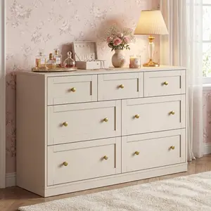 RoyalCraft 7 Drawer Dresser,3 Drawer Nightstand  with Golden Round Knobs, Large Bedside Table, Modern Wood End Table, Accent Side Table Chest of Drawers for Bedroom, Living Room, Hallway, Closet, White