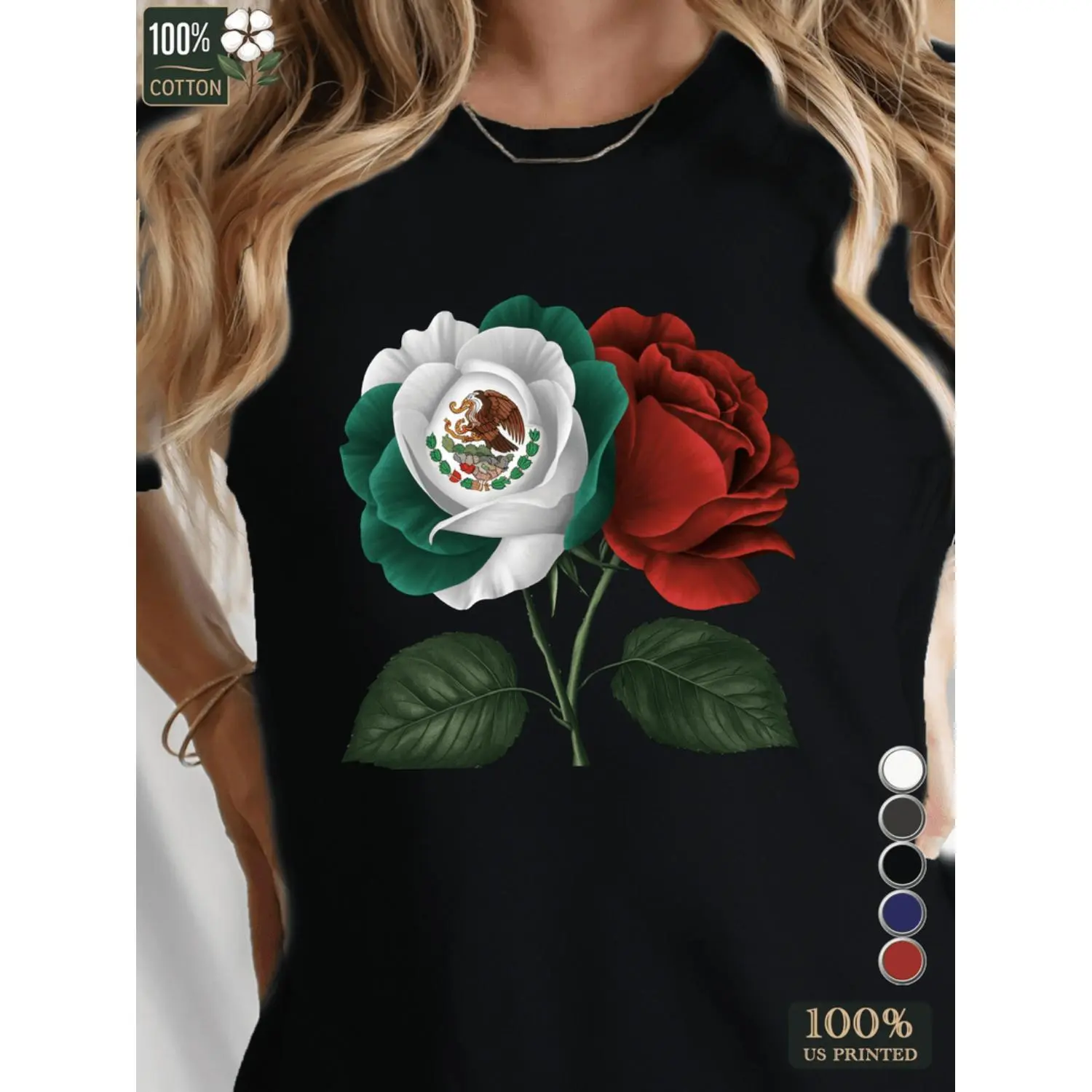 Women's Pure Cotton Mexican Rose Illustration Top, Casual Short-Sleeve Round-Neck Loose-Fit White T-Shirt for Women's Clothing -1