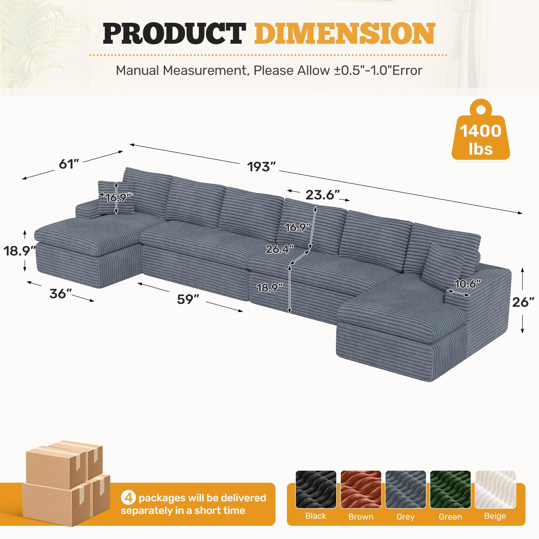 134" U Shaped Modular Sectional Sofa, Oversized Boneless Couches for Living Room,No Assembly Required Corduroy Cloud Couch with Chaise Lounge