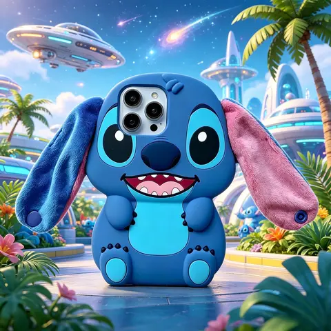 Disney Stitch Kawaii Big Ears Fluffy Grip Smartphone Case - Soft Silicone Custom Shockproof Protection Cover, Durable Wireless-Compatible Accessory for Multiple Devices Including iPhone 15