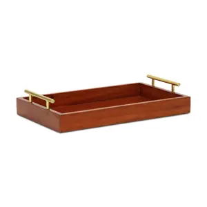 Cheungs Handmade Stylish Rectangular Serving Trays, 6097BR Coran Wooden Rectangle Trays with Gold Metal Handles