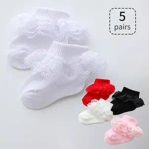 5 Pairs of Baby Girls Lace Trim Socks - Breathable Polyester Blend, Double Lace Trim, Elastic Opening, Cute Princess Dance Socks for All Seasons, Perfect for Everyday and Holiday Gifts