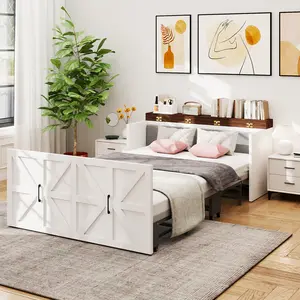 Naudacaa 2-in-1 Murphy Cabinet Bed, Farmhouse Style Foldable Platform Bed with Storage, Space-Saving Hideaway Guest Bed for Bedroom or Home Office, Supports Up to 650 lbs