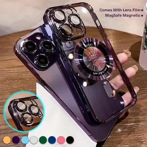 Magnetic Plating Case for iPhone 16 Pro Max 15 14 13 12 11 Pro Max Shockproof MagSafe Charging Soft TPU Case Built-in Camera Lens Protector Cove