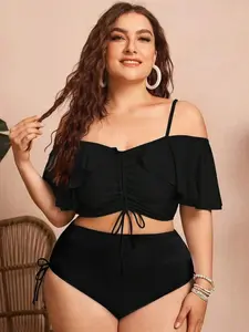 Plus Size Ruffled Off-Shoulder Bikini Set - Stylish Elegant Vacation Beachwear for Summer