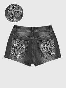 Women's Vintage Y2K Heavy-duty Rhinestone Sparkle Denim Shorts, Cross-stitch Inlaid Rhinestone Craft, Summer Hot-selling Millennium Style, Washed Distressed High Waist Slim-fit Super Short Hot Pants for Girls, Suitable for Party and Casual Wear
