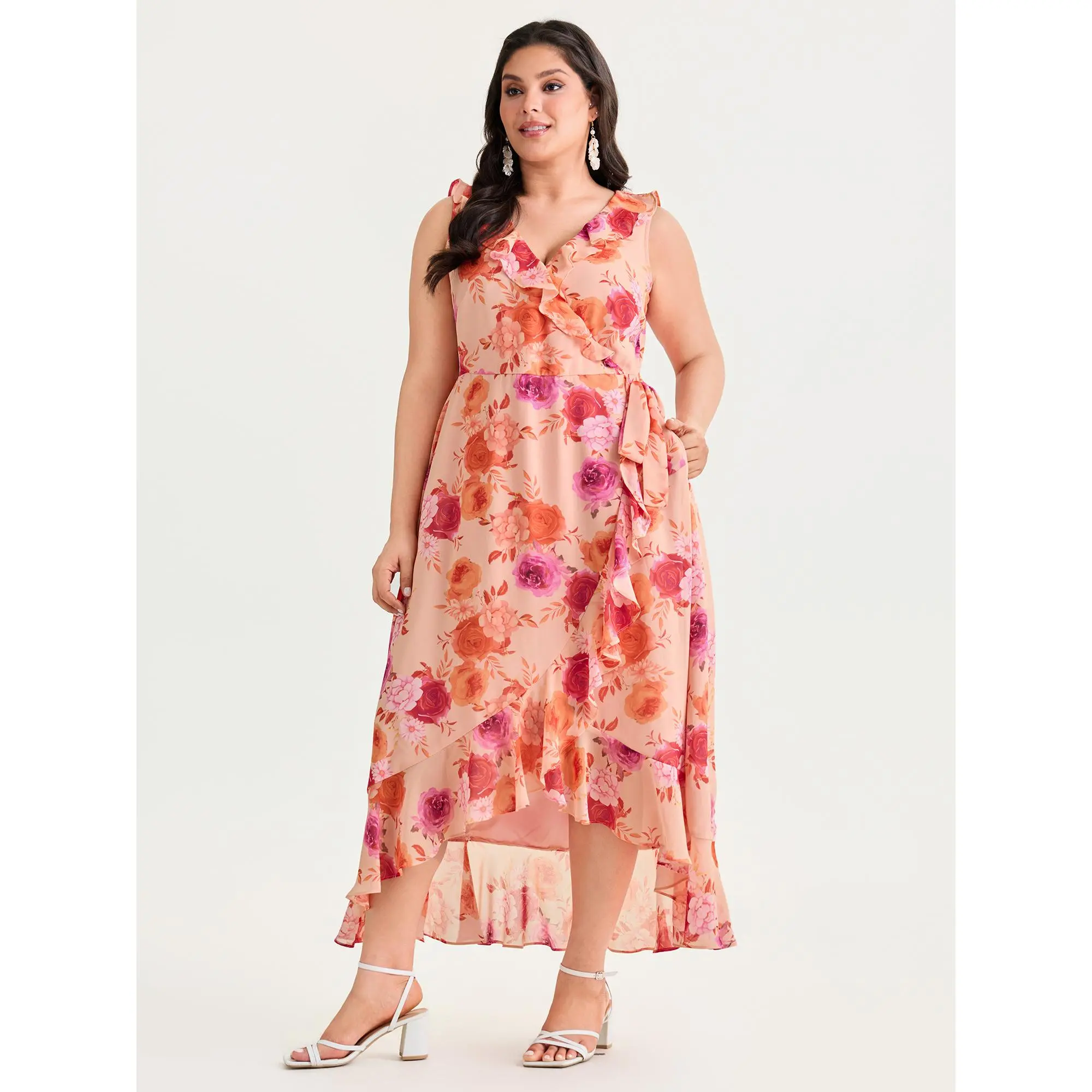 BloomChic Curvy Women's Plus Size Bohemian Floral Print Sleeveless Casual Dress - Soft Chiffon, Ruffled High-Low Hem, With Pocket, Iron-Smooth Finish, Polyester, Ready-To-Wear, Low Iron