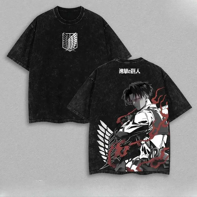 Men's Levi Ackerman Attack on Titan Classic Graphic T-Shirt - Short Sleeve, Retro Vintage Washed Heavyweight Cotton, Oversized Grey Crewneck, Levi Iconic Art, Casual Anime Merch Streetwear Menswear Top, Relaxed Fit, Cold Wash Compatible
