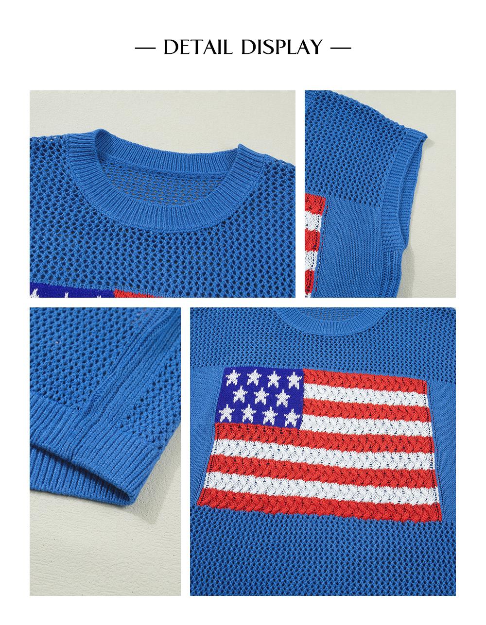 Asvivid Women's Crochet Flag Sweater Graphic Sleeved Sweaters Knit Top Womenswear Casual Crewneck Tshirt Loose Summer Clothes Fashion Tops
