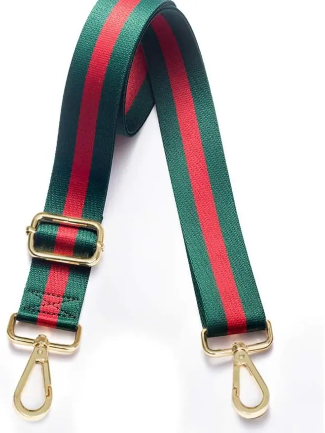 Green and Red GENERIC Web Striped Webbing Crossbody Adjustable 1.5" Wide 30"-62" Length Gold Toned Hardware Strap