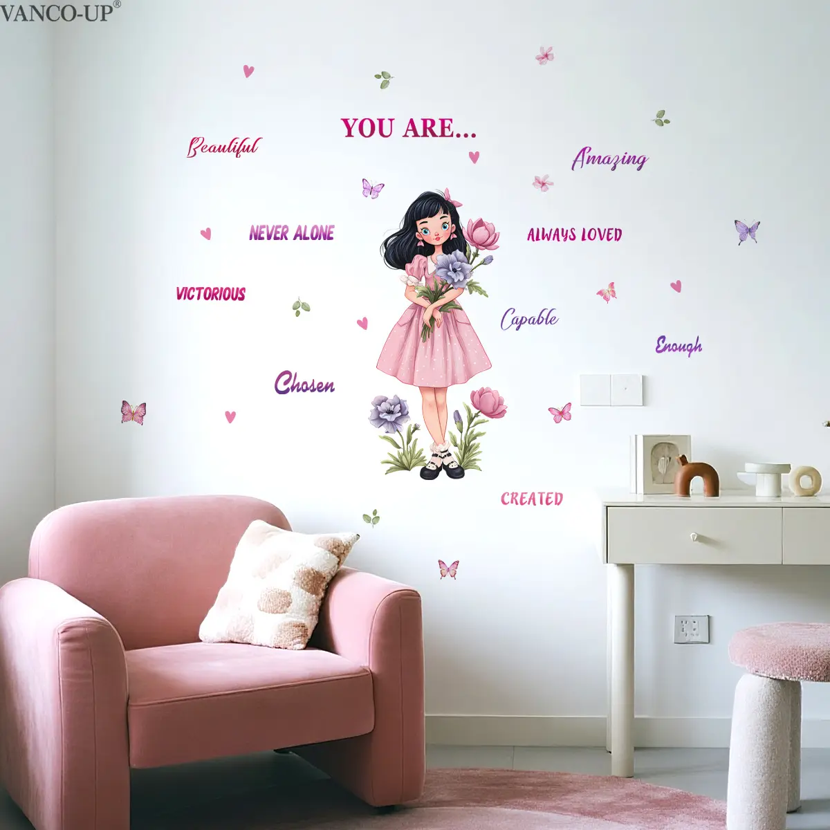 A set (30*90cm*2pcs) of pink-themed floral flower and butterfly inspirational English flat frosted wall stickers decorative decal for girls, used for home bedroom decor background decoration and beautification, M21552-K