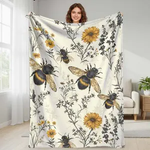 Honeybee and Sunflower Flannel Blanket  Vintage Floral Bee Print Design  Soft Cozy Warm Lightweight Decorative Throw for Bedroom Living Room Sofa Office Picnic Camping Gift Use