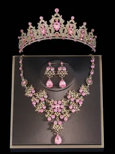 A set of women's wedding fashion jewelry bride accessories atmospheric rhinestone crown plus necklace plus earrings 4 pieces wedding jewelry set wedding dress jewelry is also suitable for wedding party parties