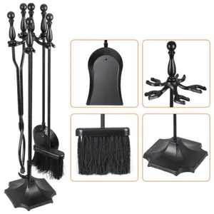 New Choice Deal 5PCS Fireplace Tools Set Wrought Iron Fire Place Tools Holder w/ Handles Tools