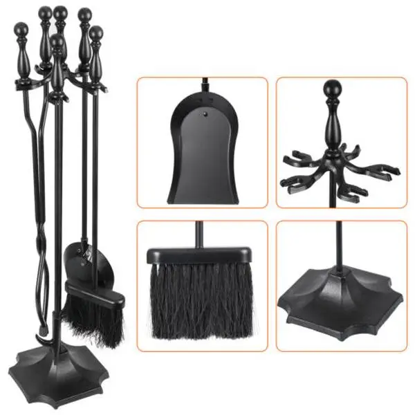 5PCS Wrought Iron Fireplace Tools Set with Handles and Holder, Antique Heavy-Duty Home Organizer for Wood Burning Firepit