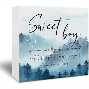 Sweet Boy Wooden Box Sign - Inspirational Baby Boy Nursery Decor Desk Sign 5x5 inch , Mountain Nursery Decor, Inspirational Newborn Boys Kids Room Decor for Table Desk Shelf, Home Decor