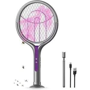 Electric Fly Swatter Racket & Bug Zapper - 2800V Mosquito Killer with Purple Trap Lamp, Extension Rod, Type-C Rechargeable, Detachable Base & 90° Folding Mesh for Close-to-Wall Corners - Indoor, Home, Patio, Camp