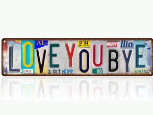 Love You Bye Sign Vintage Metal Collage Love You Bye Above Door Sign with 4 Hanging Holes for Hallway Entryway Living Room Door Bar Coffee 16 X 4 Inches