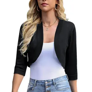 Women’s 3/4 sleeve open-front bolero shrug cropped cardigan knit sweater jacket can be worn with a raincoat