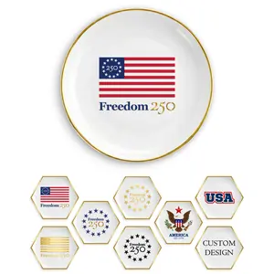 Freedom 250 Circle Trinket Tray Dish – Officially Licensed Commemorative 250th Anniversary – Ceramic with Gold Rim, Jewelry & Keepsake Holder