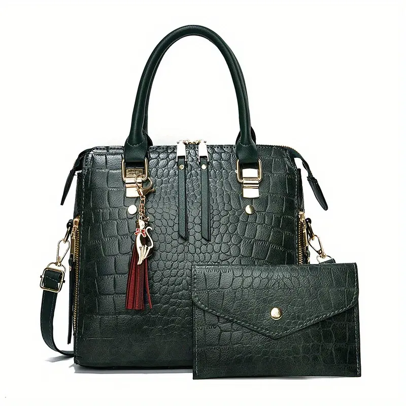Women's 2-Piece Retro Handbag Set, Crocodile Pattern Synthetic PU Leather Shoulder Bag and Crossbody Sling Bag with Tassel & Cat Pendant, Handbag Sling Bag