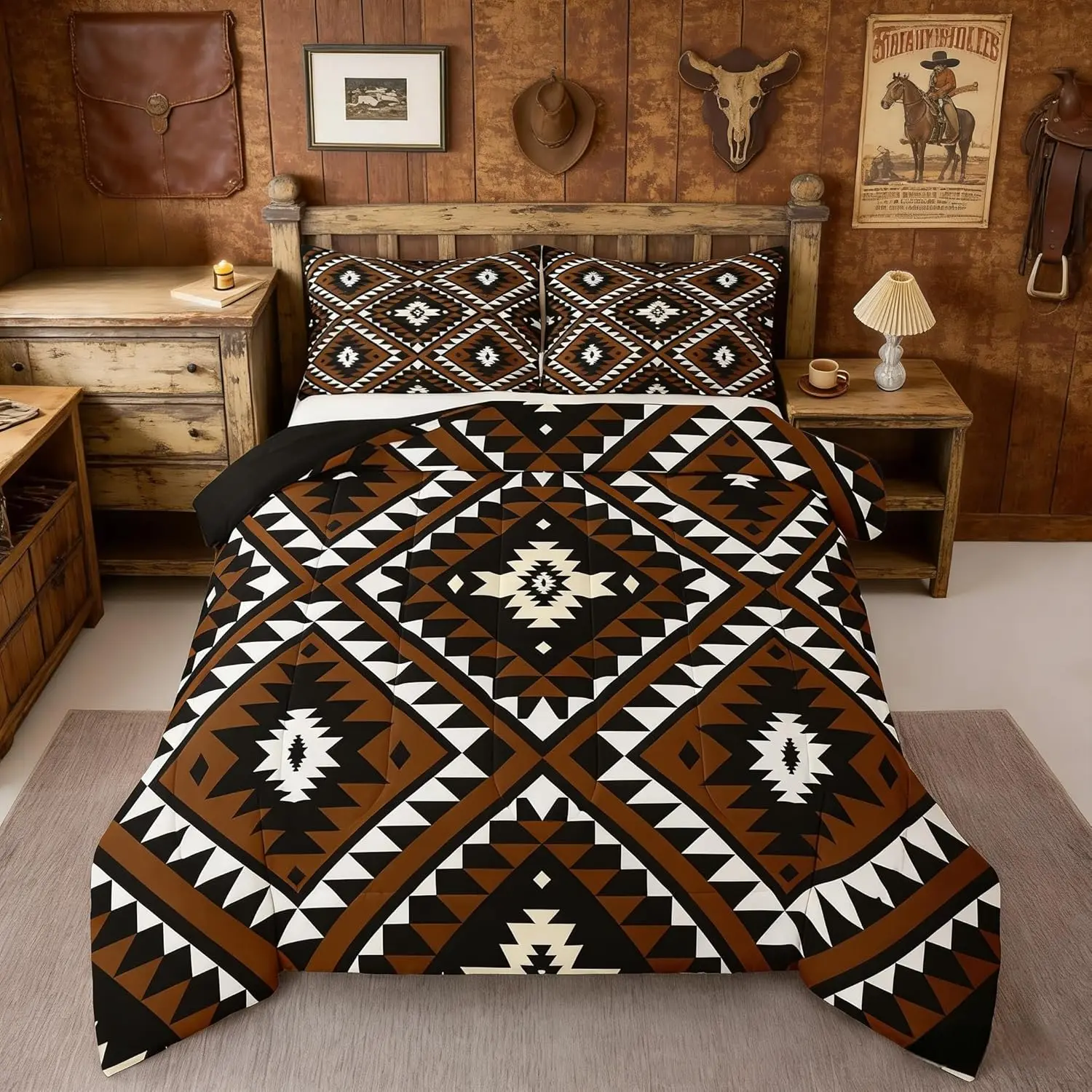 Rustic Full Size Comforter Set For Men,Southwestern Aztec Bedding Set Bohemian Comforter Ethnic Mexican Geometric Duvet Insert Brown Black White Farmhouse Room 3 Pcs