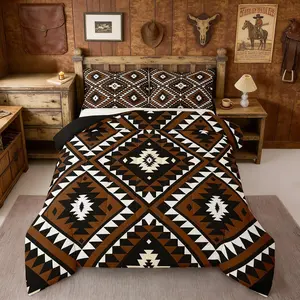 Rustic Full Size Comforter Set For Men,Southwestern Aztec Bedding Set Bohemian Comforter Ethnic Mexican Geometric Duvet Insert Brown Black White Farmhouse Room 3 Pcs
