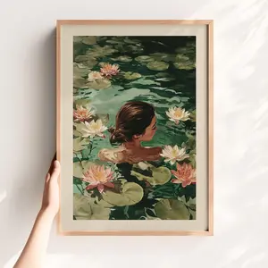 Lake House Bathroom Wall Art, Botanical Spa Print with Swimming Woman, Vintage Lilies Relaxing Home Decor, Room Decor, Unframed