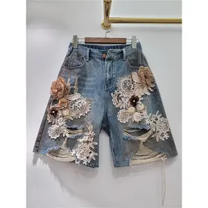Summer ripped jeans with patchwork hollow lace and three-dimensional floral design, painted artistic denim shorts, 5-point pants