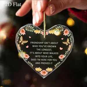 8cm Heart-Shaped Glass Ornament with Friendship Quote "Friendship Isn't About Who You've Known The Longest" - 2D Flat Faceted Glass Hanging Decoration with Butterflies, Flowers, Sentimental Gifts for Best Friends, Home & Festive Decor