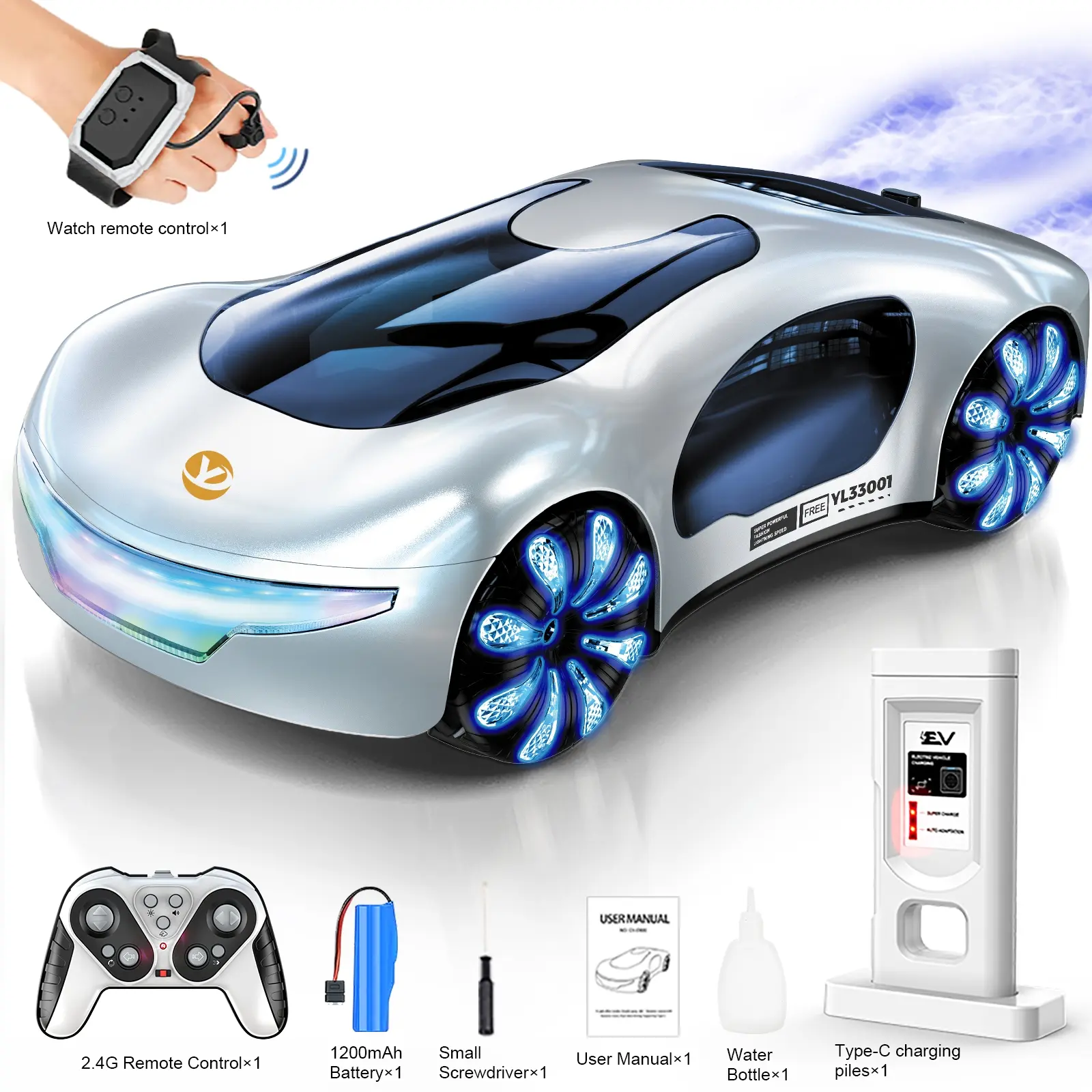 Remote Control Car Toy Set with Dual Spray Simulation Charging Station, Includes USB Cable, Water Gun, Screwdriver, RC Drift Car, RC Controlled Vehicle for Kids Cars Kids