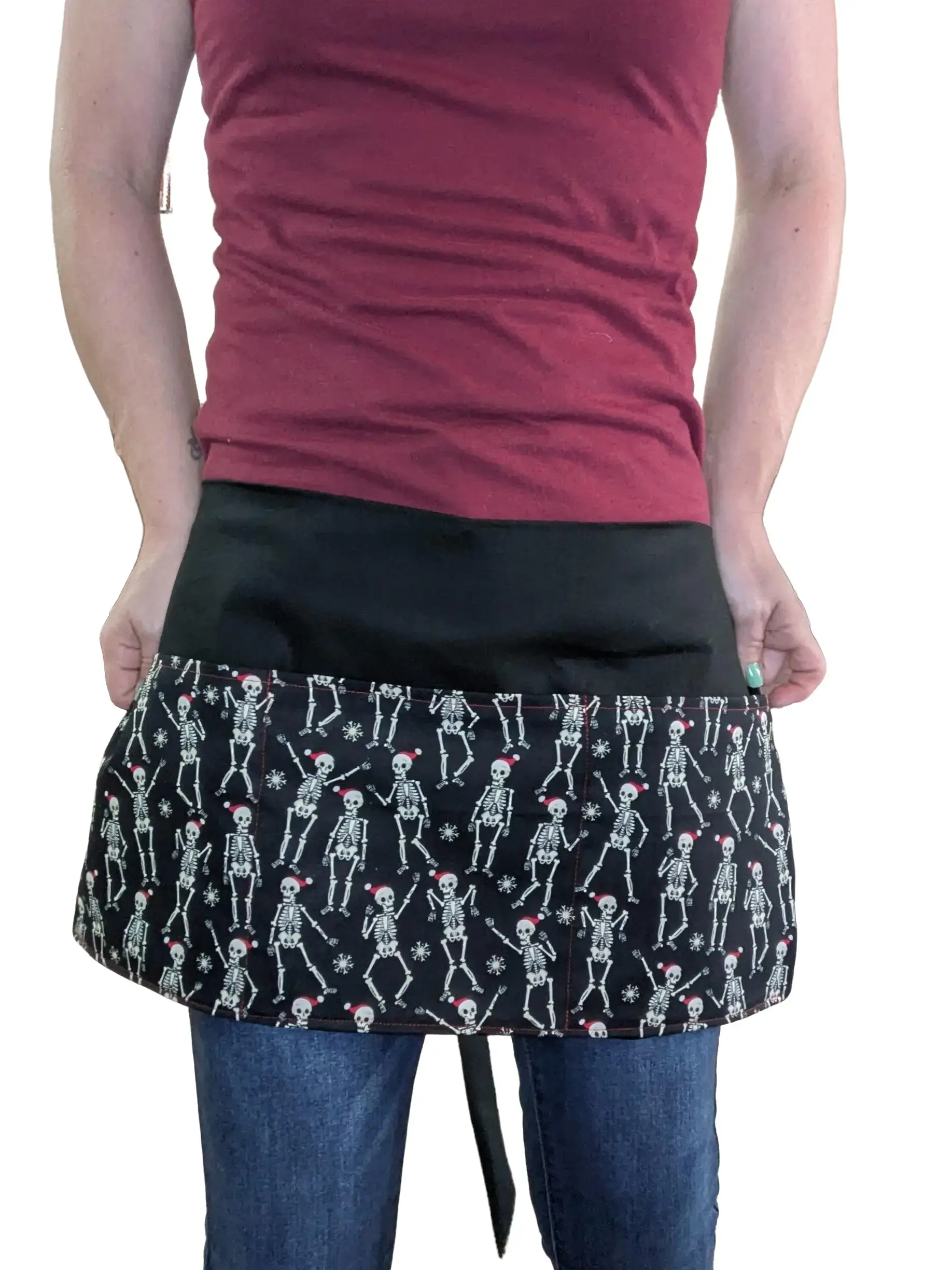 Skeleton Print Three-Pocket Half Apron | Halloween Server Apron | Christmas Skeleton Waist Apron | Teacher, Vendor, Barista Gift