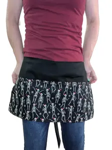 Skeleton Print Three-Pocket Half Apron | Halloween Server Apron | Christmas Skeleton Waist Apron | Teacher, Vendor, Barista Gift